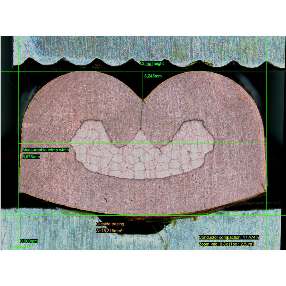 Terminal crimp cross section analysis showing crimp height and conductor compaction measurements