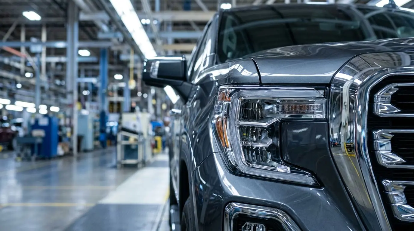 Close-up of a modern pickup truck headlight at a three-quarter angle, representing Ohio's automotive manufacturing industry